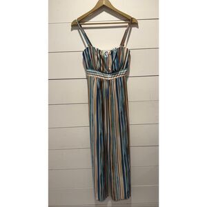 Soma Striped Maxi Dress Small Blue Brown White Strapless w/ Removable Straps Str